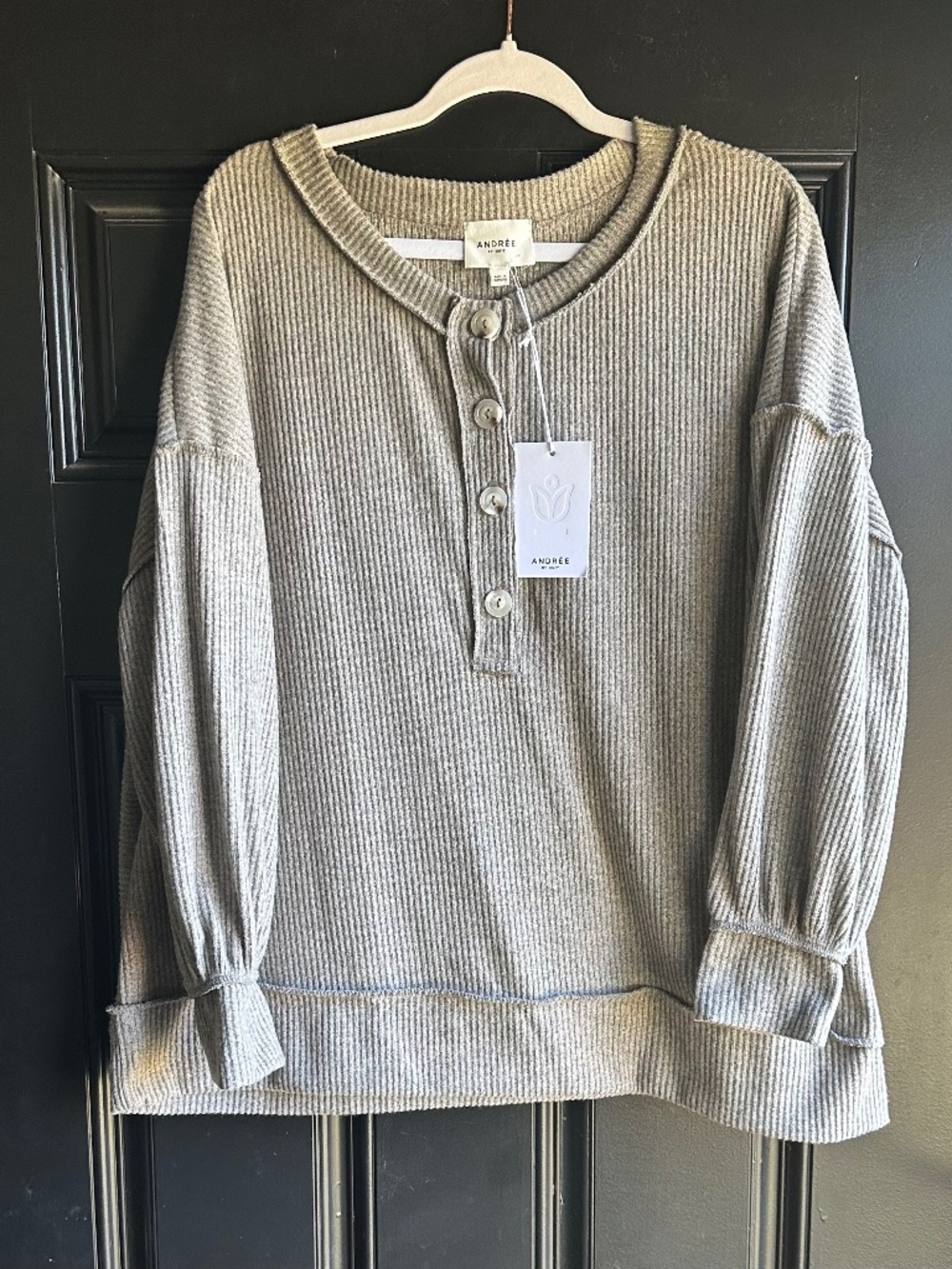 Andree Long Sleeve Ribbed Henley Top - Oatmeal